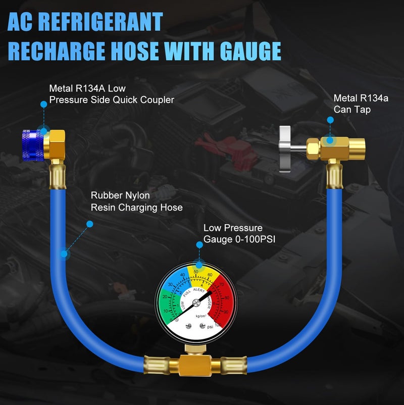 JIFETOR AC Charge Hose with Gauge, Car R134A Refrigerant Recharge Kit, Auto Air Conditioning U Charging Hose Low Pressure Measuring Meter with 1/2 inch Can Tap and R134A Quick Coupler, 100PSI - Image 2